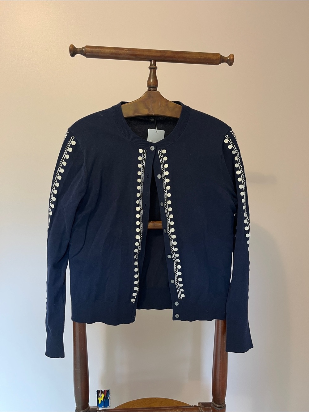 J. Crew Navy Cardigan with White Pom Trim